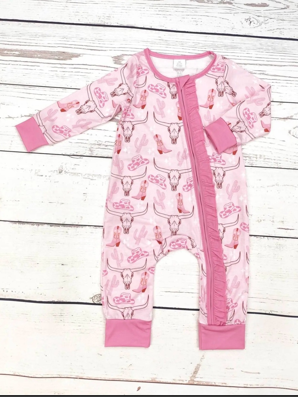 Pink Western Print Ruffle Zip Baby One-Piece